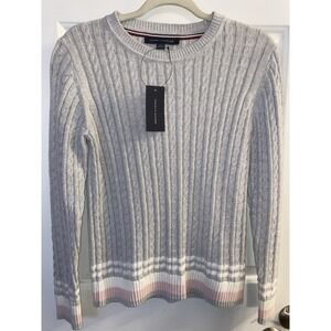 Tommy Hilfiger Women's Medium Gray Cable Knit Sweater Pastel Stripe Hem NWT